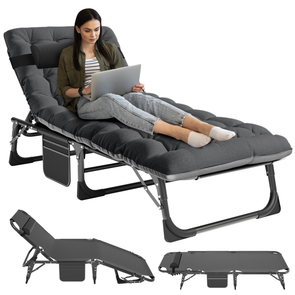 Slsy Folding Camping Cot Reclining Chaise Lounge With Cushion Pillow Side Pocket