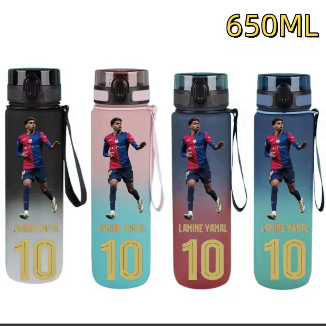 Sports Theme 650 mL Plastic Water Bottle, Flip Lock Top w/ Strap, Multicolor