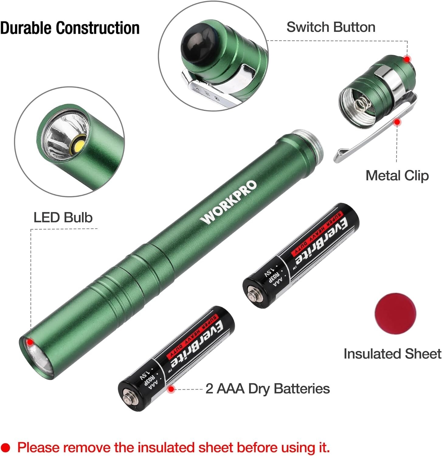 WORKPRO LED Pen Light 4-Pack Aluminum Pocket Light Pen Flashlight 8AAA Batteries