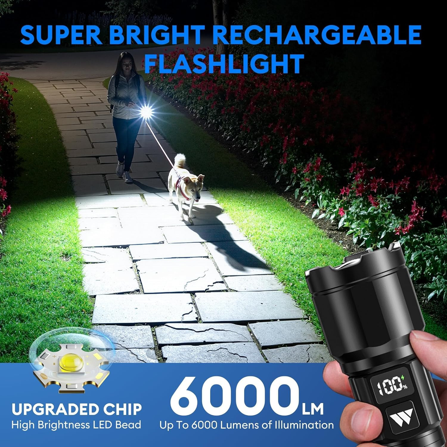 Linternas LED Recargables 3Pieza Alta Lumens LCD Zoom IP65 15H Duracion Portatil