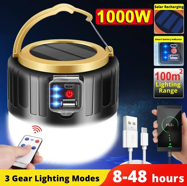 1pc Solar LED Camping Lantern Power Bank Waterproof Remote Light – NEW