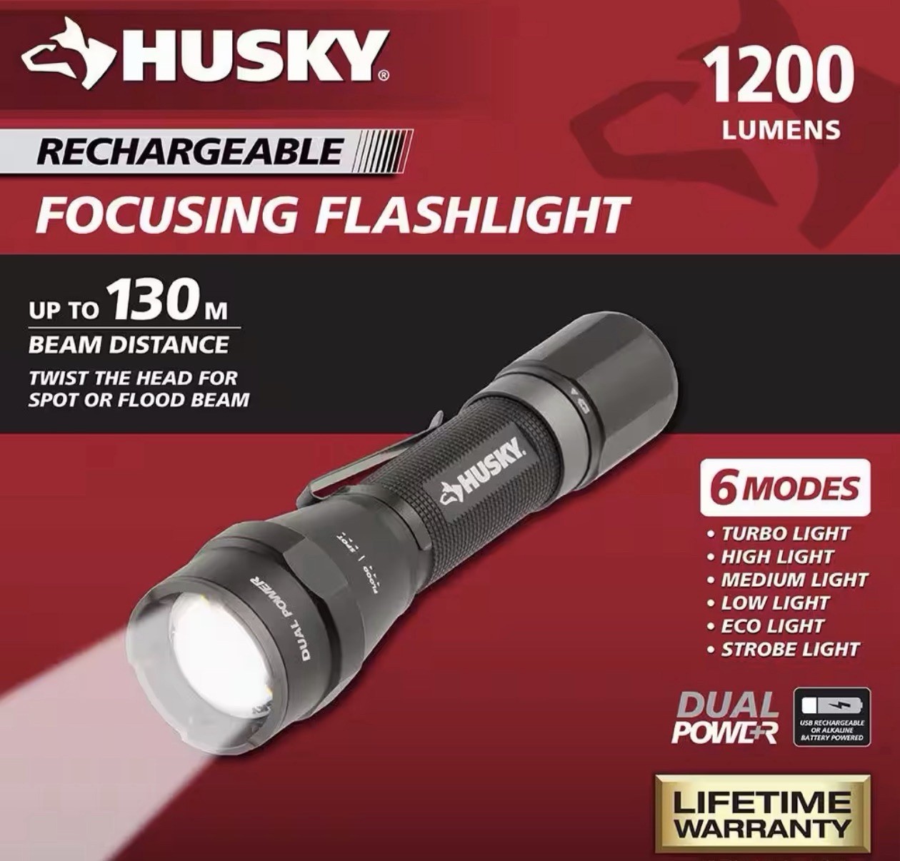 Husky 1200 Lumens Dual Power LED Rechargeable Focusing Flashlight