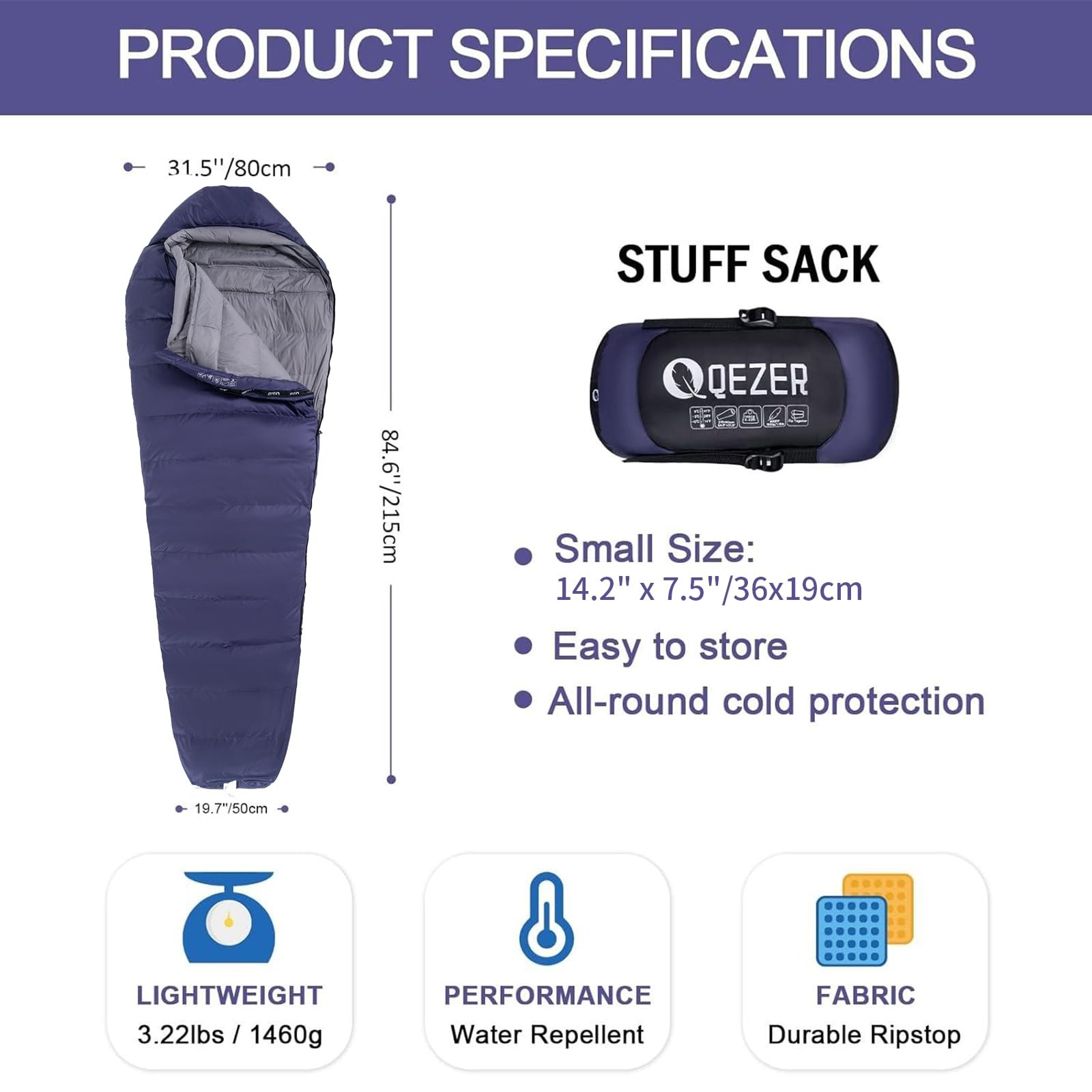 Down Sleeping Bag for Adults 0°F 10°F 15°F 20°F Backpacking Sleeping Bag for Col