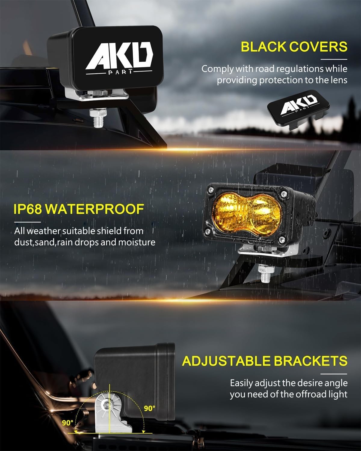 Yellow LED Pods with Wiring Harness & Black Covers 3″ 40W CREE LED Ditch Lights