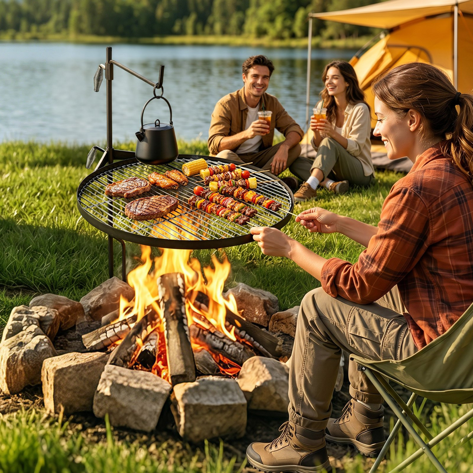 24.4″ Swivel Campfire Grill 360° Adjustable Fire Pit Cooking Grate