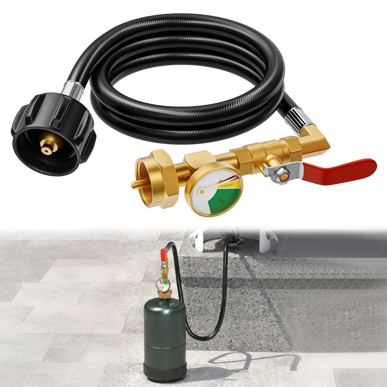 3FT Brass Propane Refill Adapter Hose Gauge Valve QCC1 20lb to 1lb Tank w/ Gauge