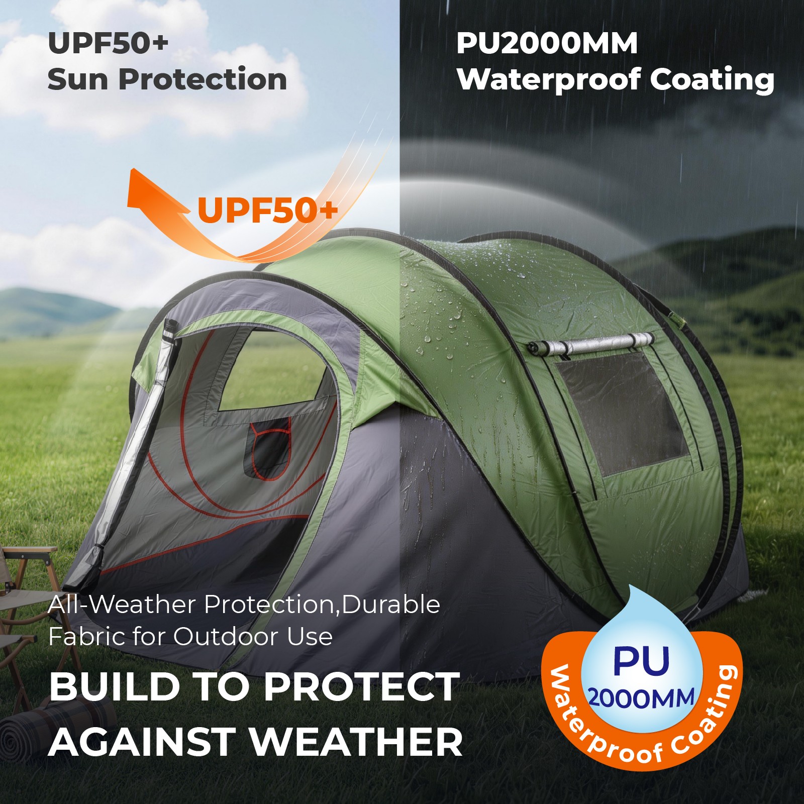 4 Person Pop Up Tent for Camping, Waterproof Automatic Tent Green