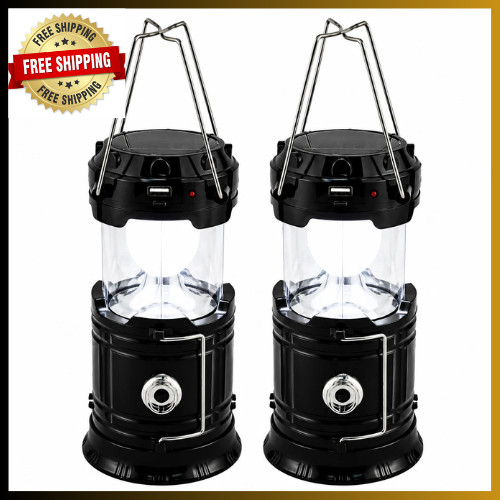 2-Pack Solar Camping Lantern Flashlight Lamp Portable Rechargeable LED USB Power