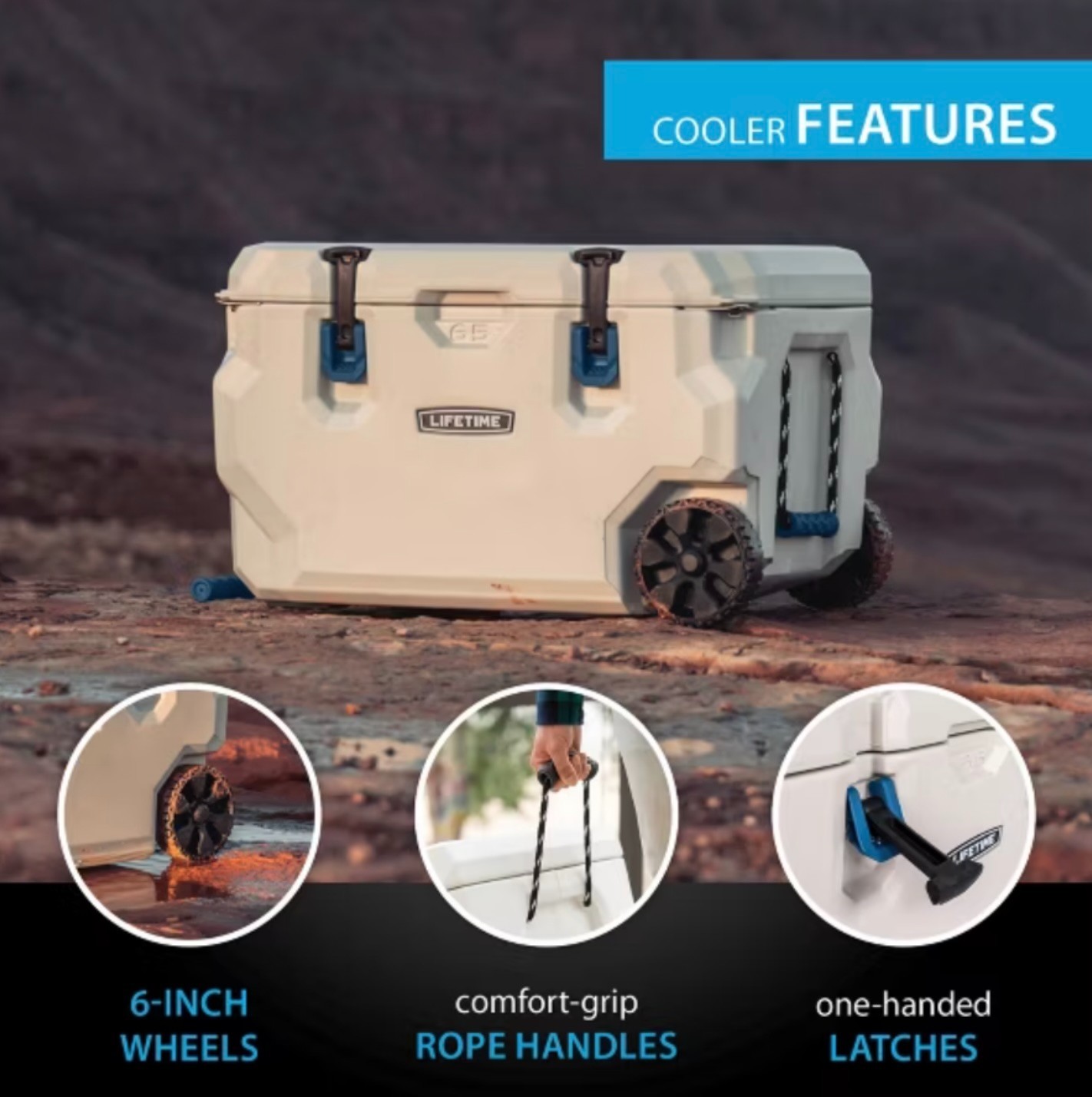 Lifetime 65 Quart High Performance Wheeled Cooler, Pumice Stone / Sea Blue 91259