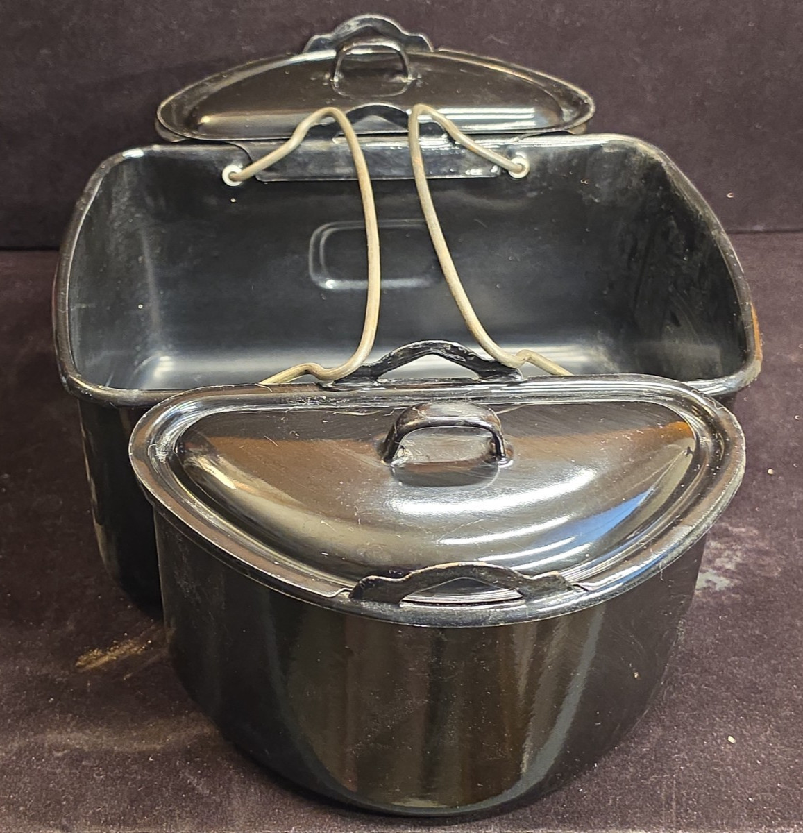 Camping Picnic 5 pc Complete Cook Set Brown Enamelware Dark Trim Outdoor Vintage