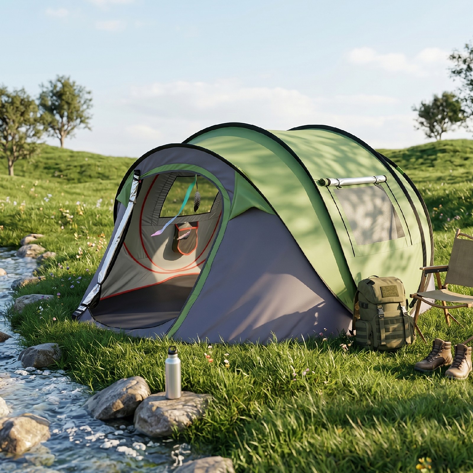4 Person Pop Up Tent for Camping, Waterproof Automatic Tent Green