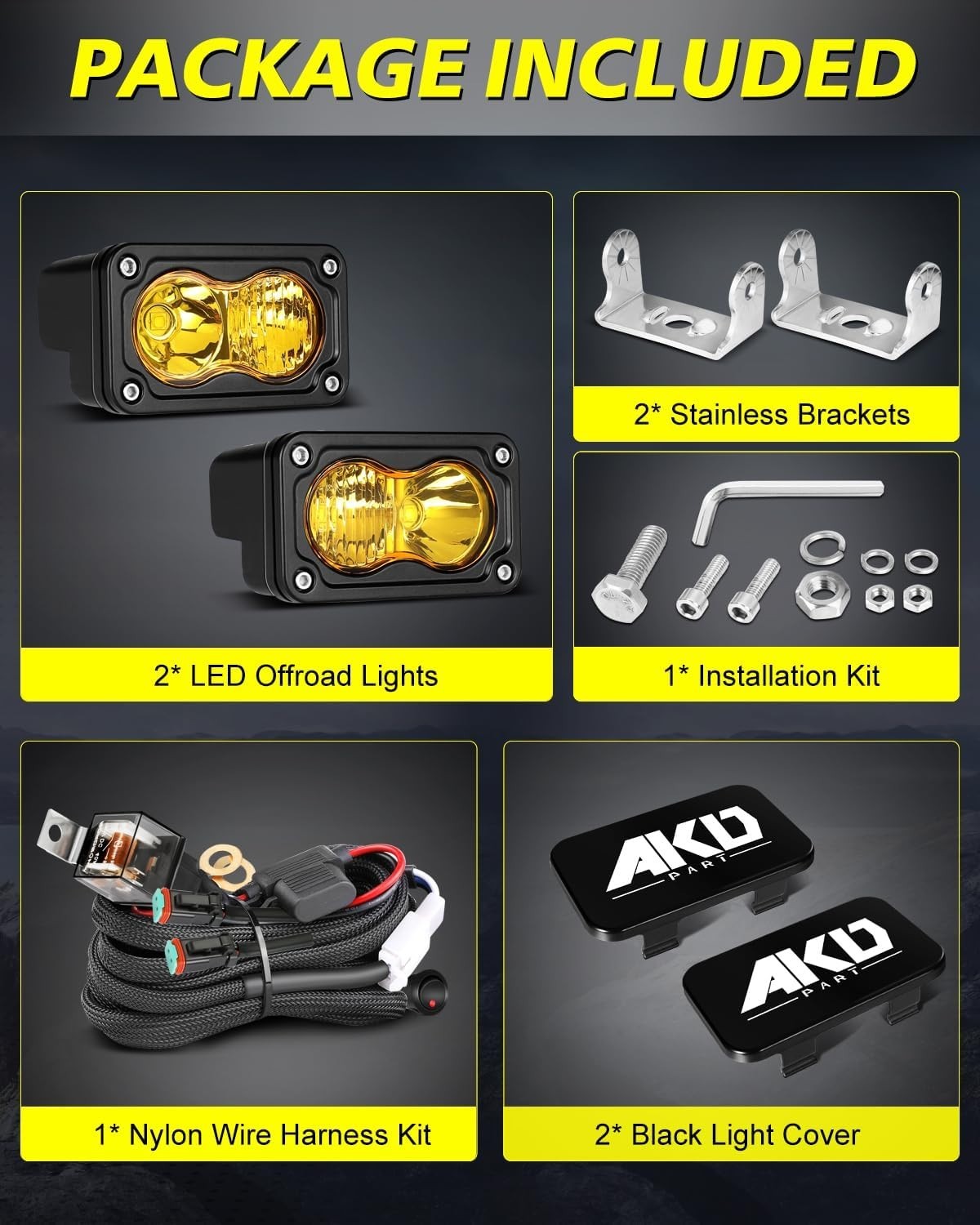 Yellow LED Pods with Wiring Harness & Black Covers 3″ 40W CREE LED Ditch Lights