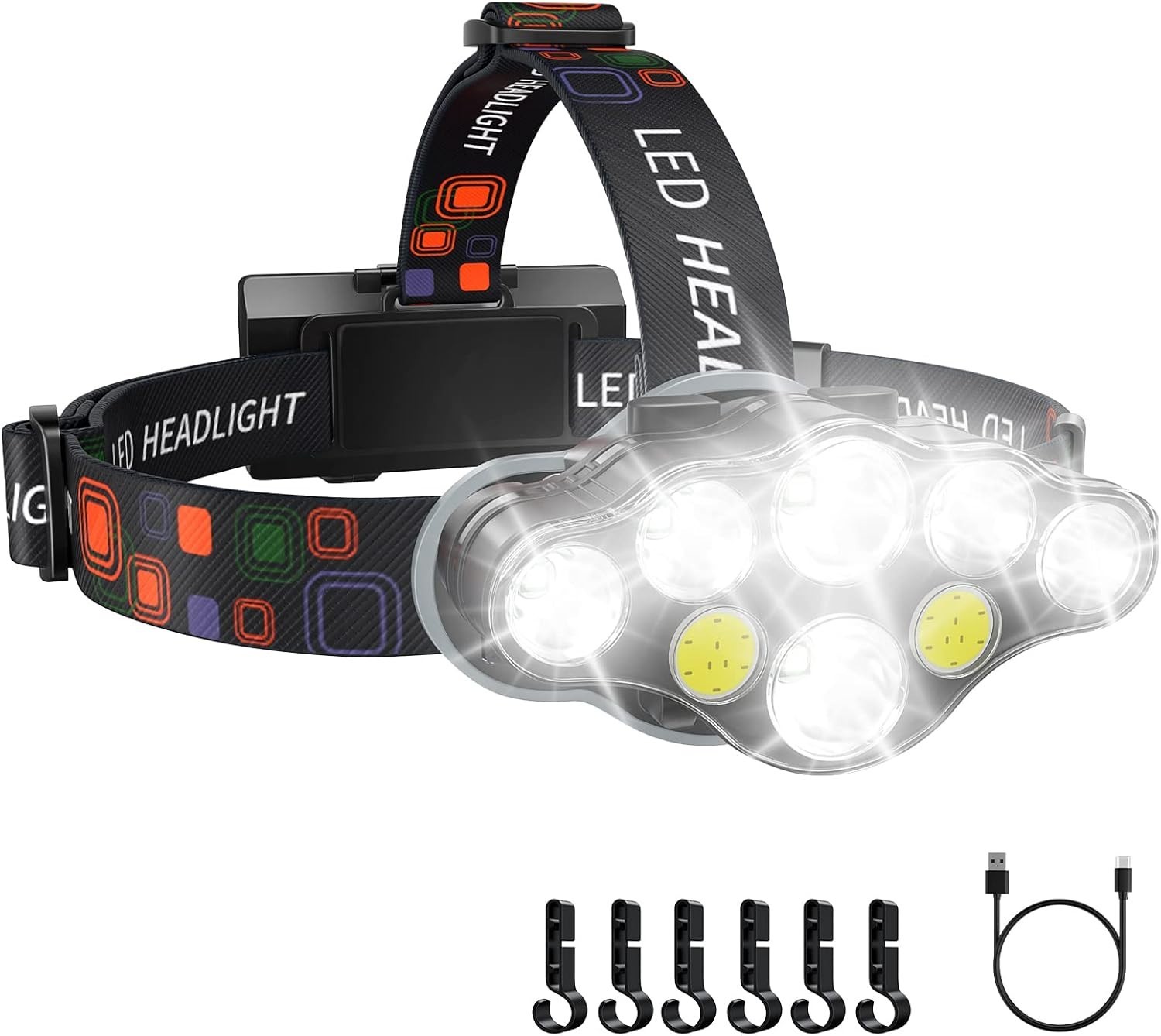 Rechargeable Headlamp, 8 LED Bright Headlamp with Red Light, IPX4 Waterproof USB