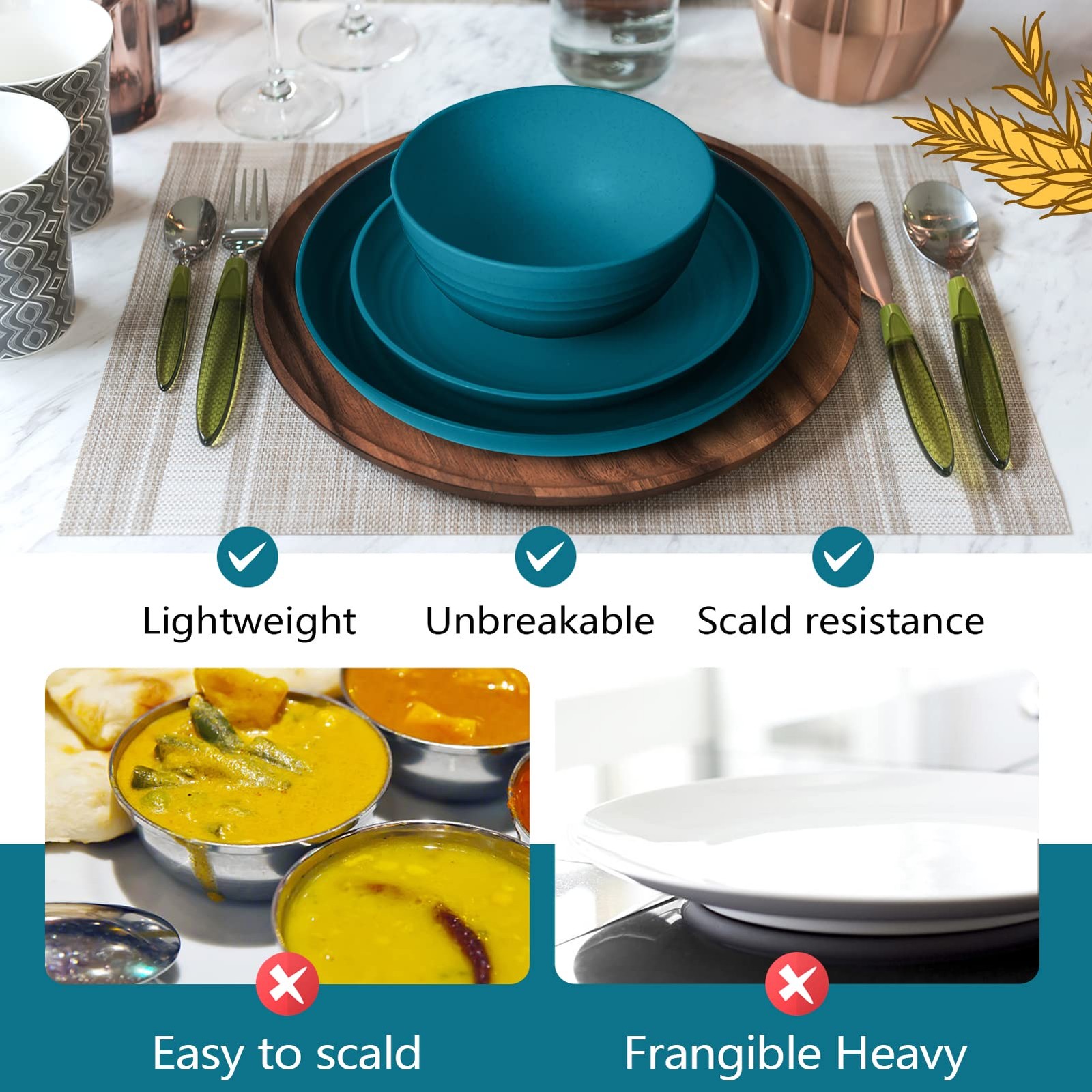 32-Piece Kitchen Plastic Wheat Straw Dinnerware Set, Service for 8, Dinner Pl…