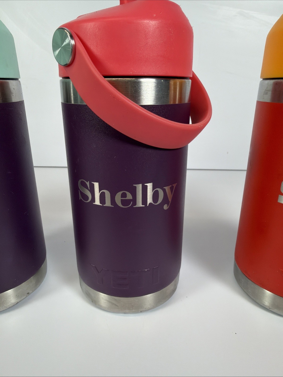 Lot of 4 22oz YETI Rambler Bottles & 3 Chug Lids Purple & Red Stainless Engraved