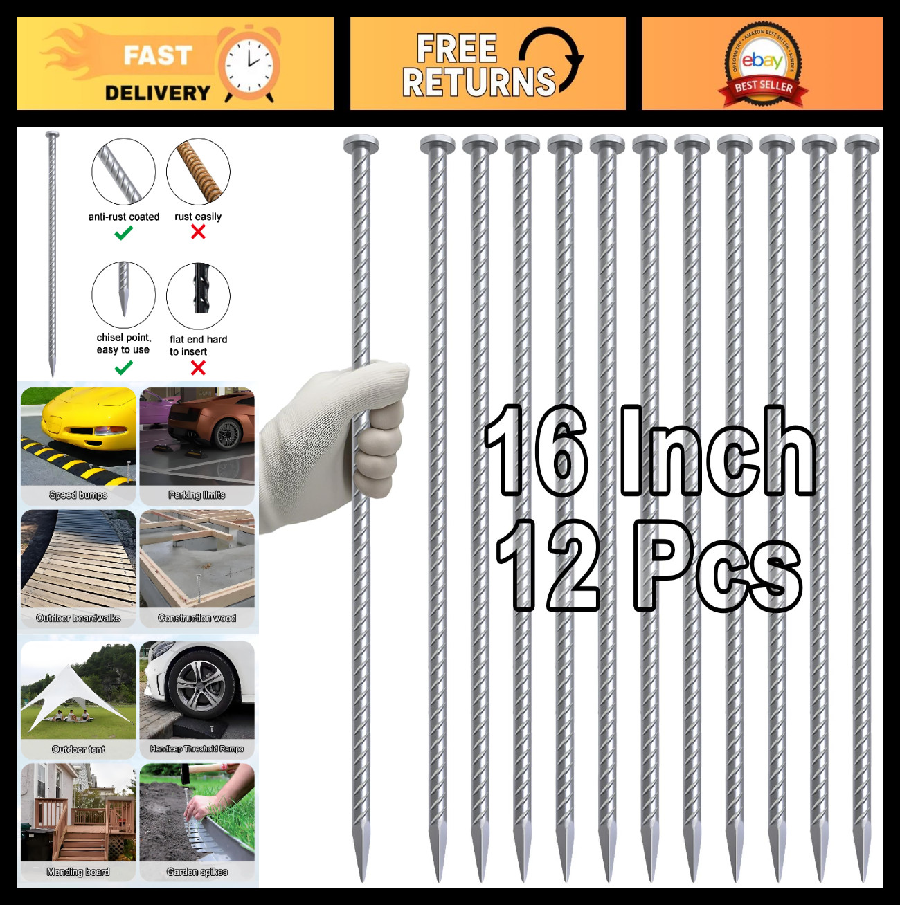16″ Heavy Duty Metal Rebar Stakes – 12pcs Galvanized Ground Anchors for Asphalt,
