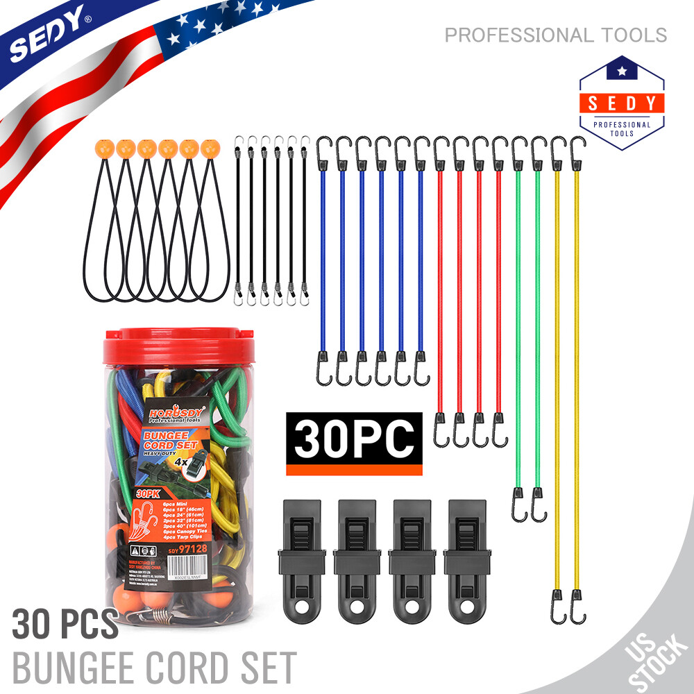 Bungee Cords with Hooks 30pc Ball Bungees Set Canopy Ties Tarp Clips Cargo net