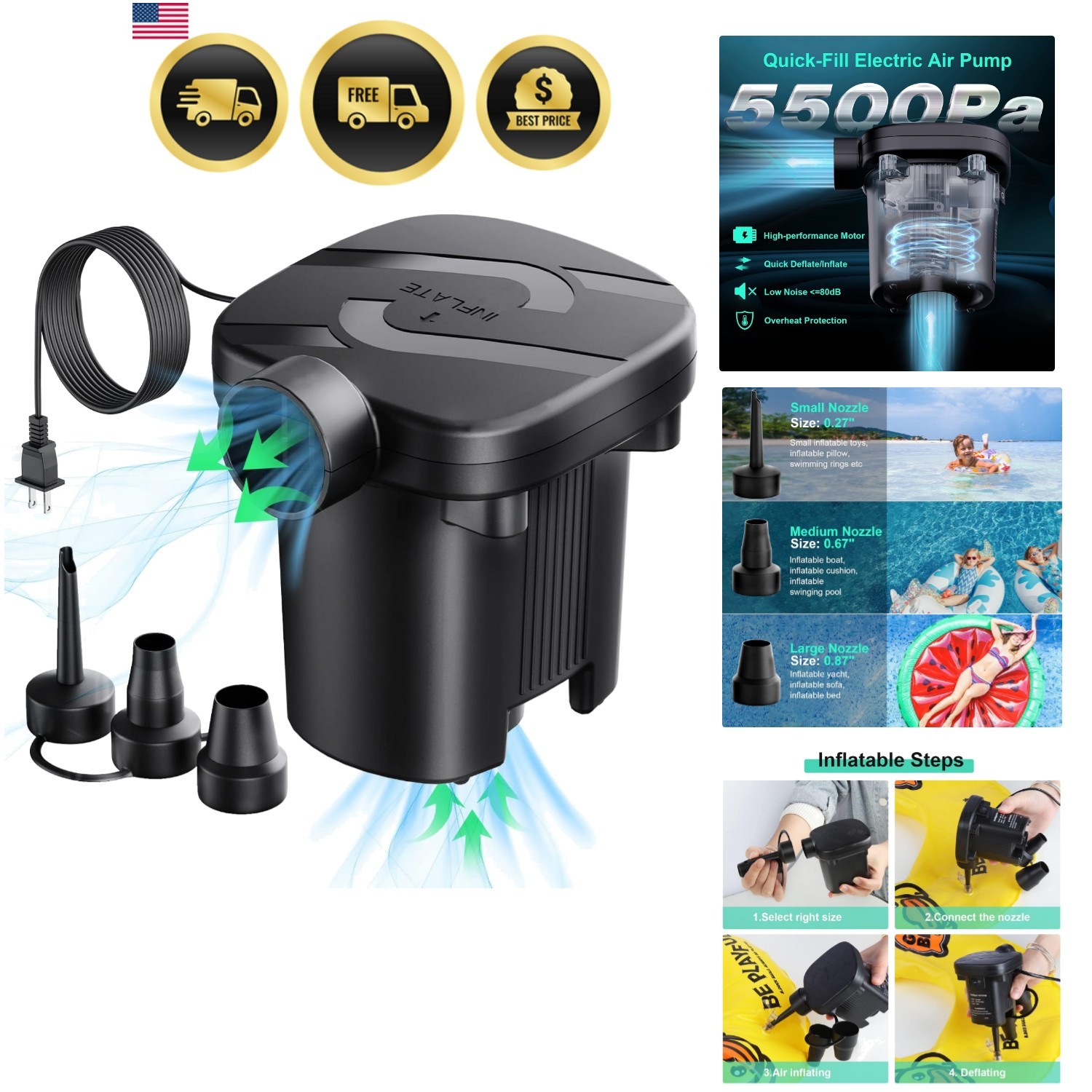 Electric Air Pump Portable Fast Inflator for Inflatables Air Mattresses Pool …