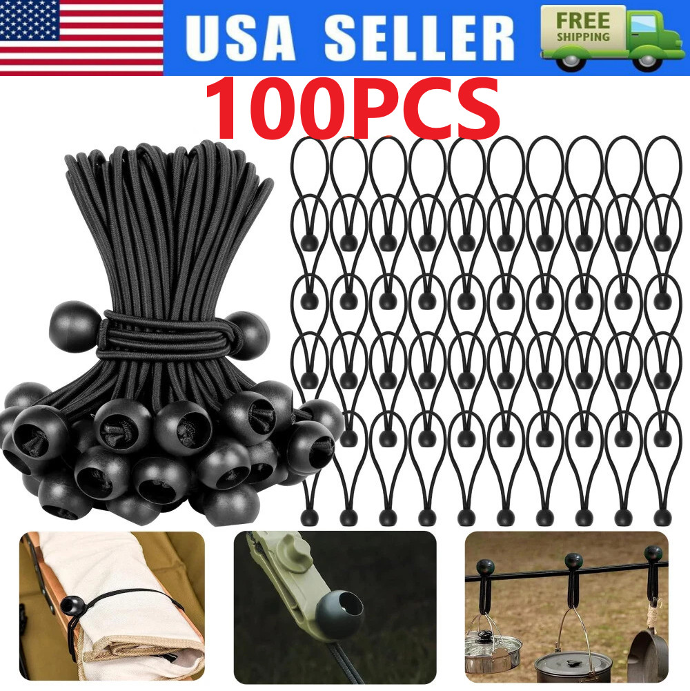 100pcs 4″ Inch Black Ball Bungee Bungie Cord Canopy Tarp Tie Downs Straps New
