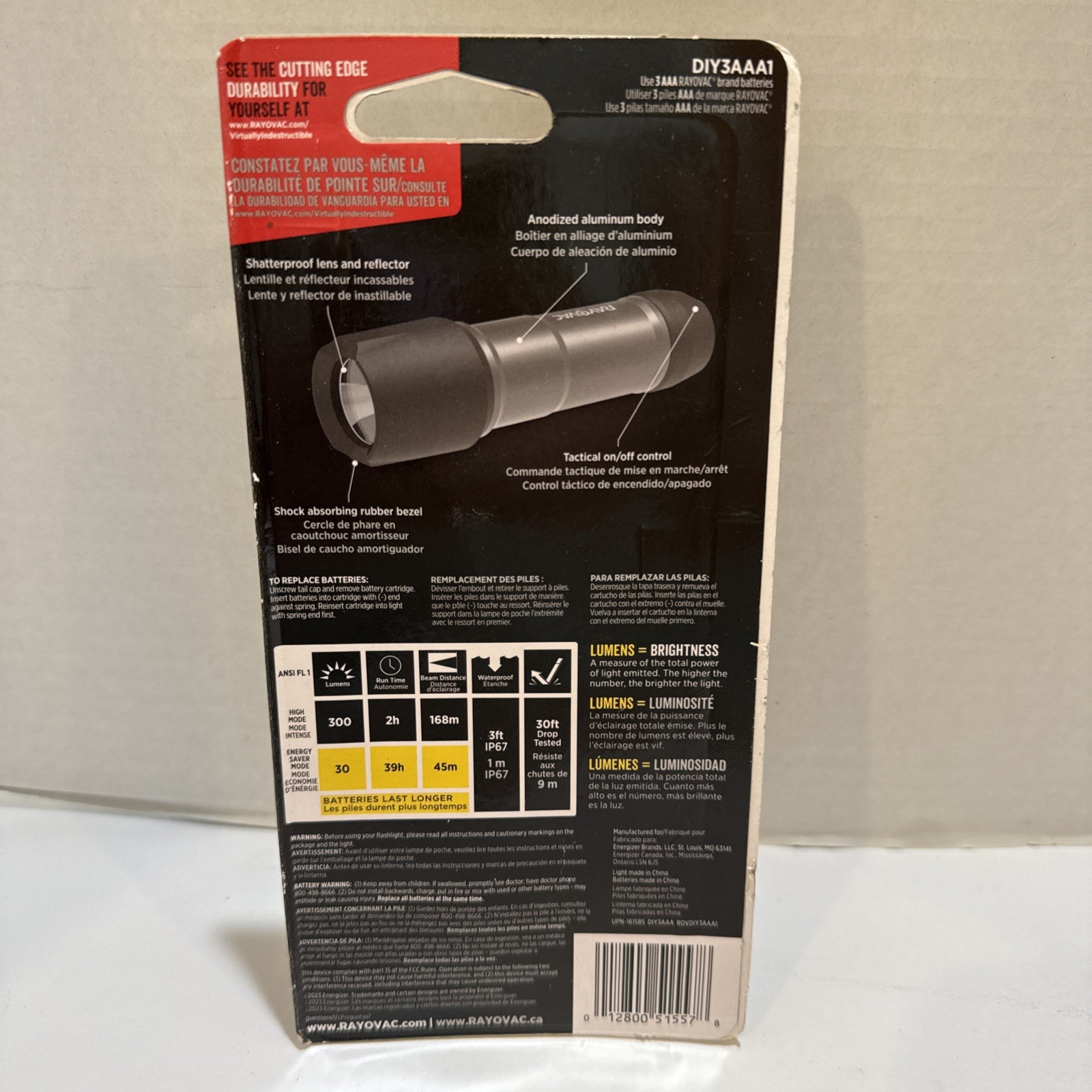 Rayovac Virtually Indestructible Flashlight 300 Lumens 30 Ft Drop 39 HR Battery