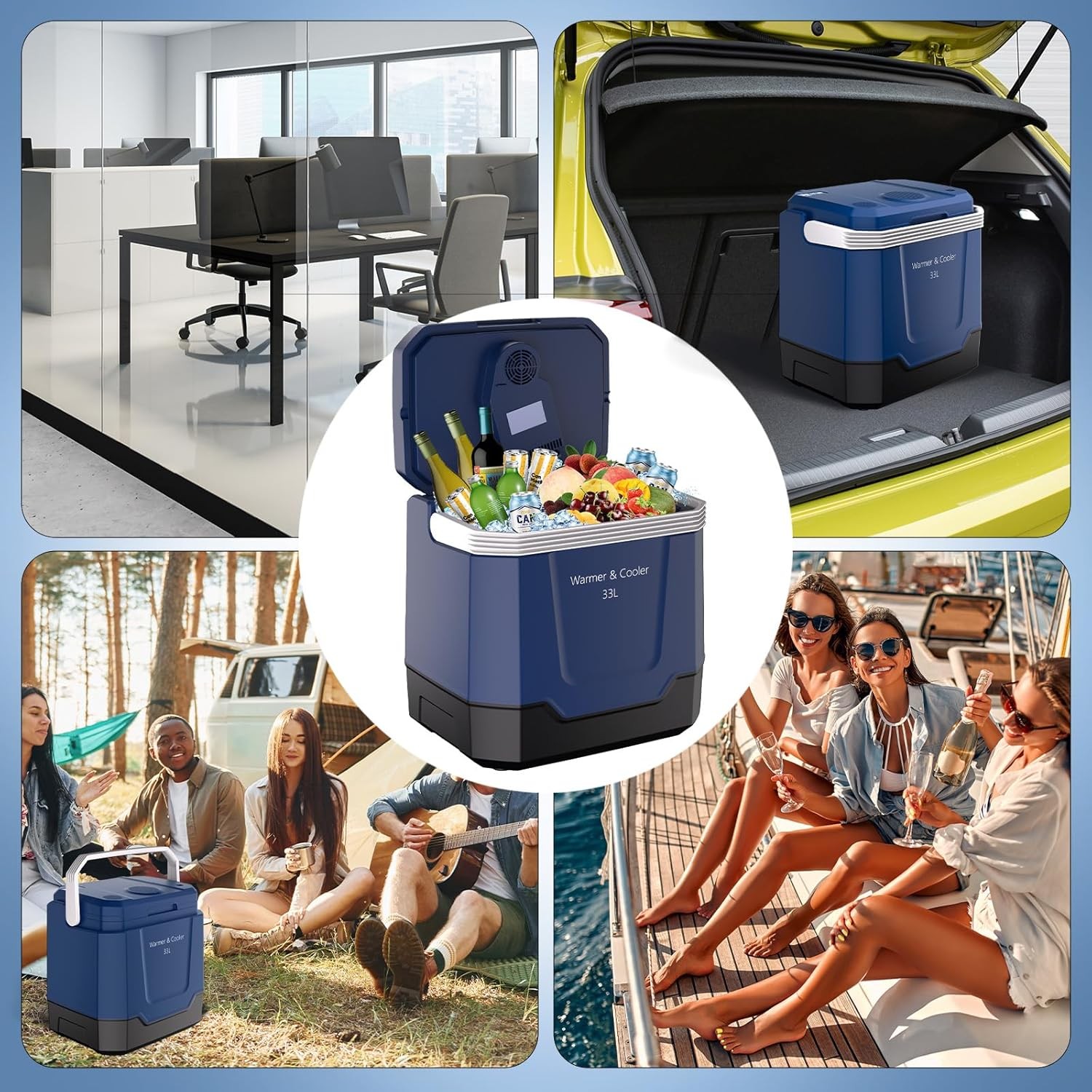 33L Electric Cooler & Warmer Portable Car Fridge with Handle for Camping Blue