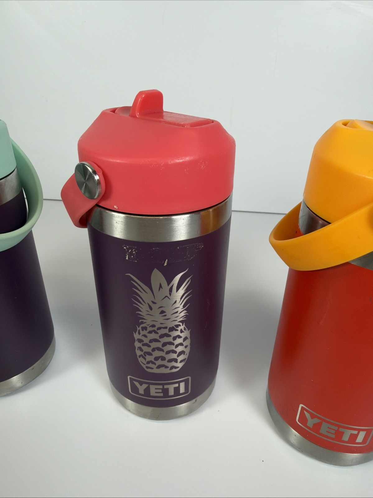Lot of 4 22oz YETI Rambler Bottles & 3 Chug Lids Purple & Red Stainless Engraved