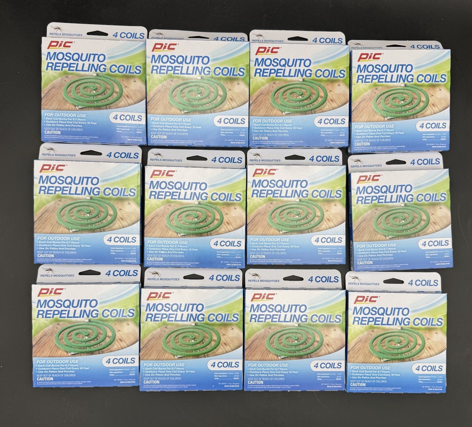 PIC Mosquito Repelling Coils Outdoor Use 4pk Lot of 12 New (48 Total Coils)