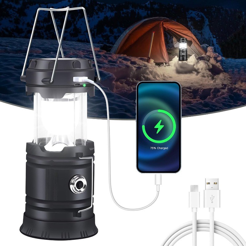 USB Solar Portable Rechargeable LED Camping Lantern Flashlight Lamp Power Bank