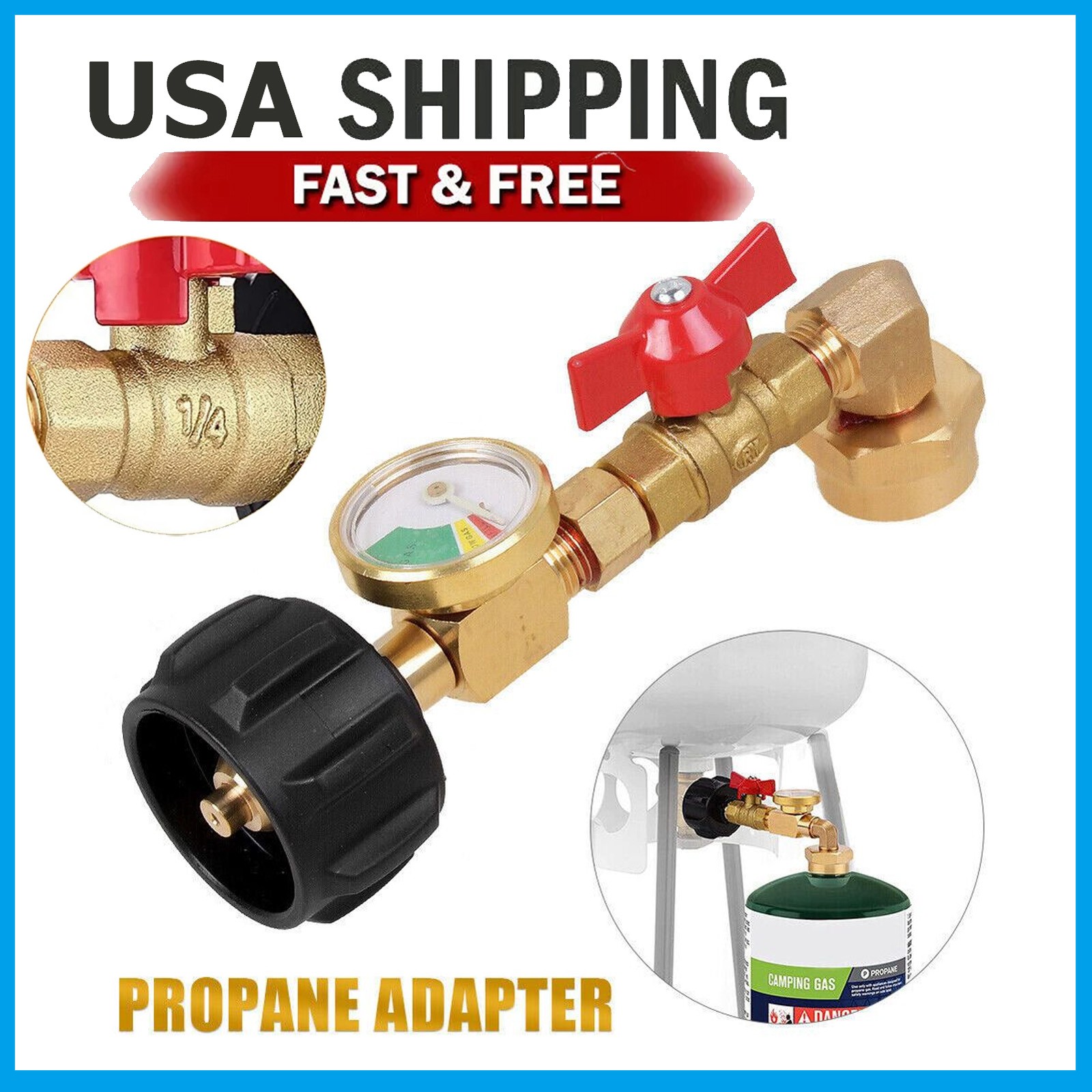 1lb to 20lb tank Propane Refill Elbow Adapter with Gauge + ON-Off Control Valve