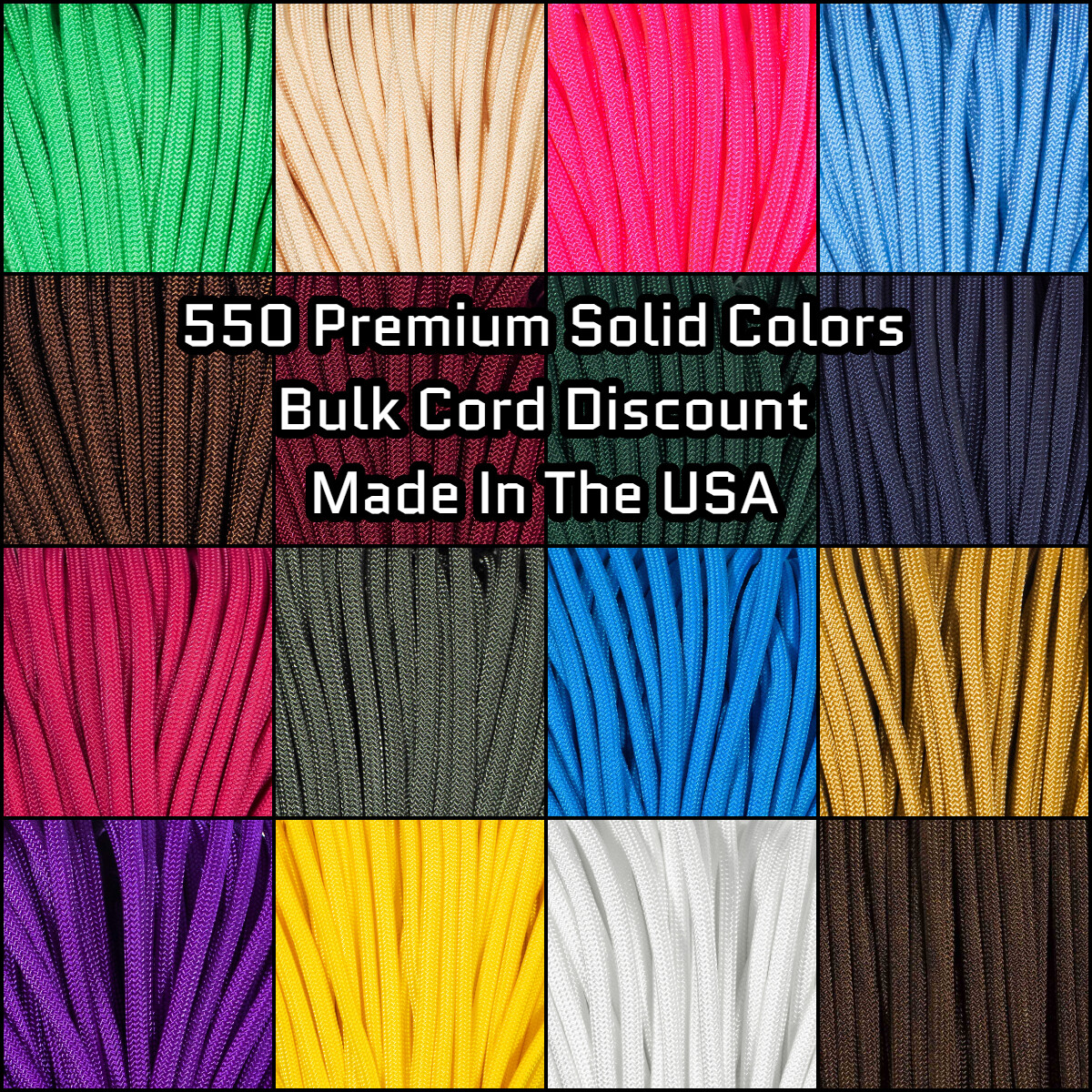 550 Paracord Premium Solid Colors – 10, 25, 50, & 100 Ft Options – Made In USA