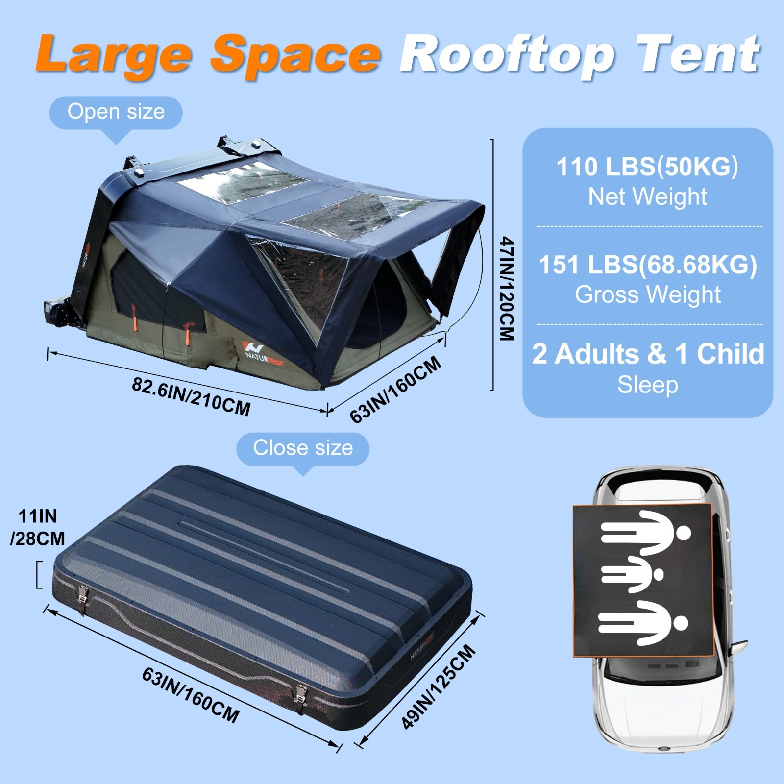 Naturnest Clamshell Roof Top Tent Hardshell Car Camping Tent w/ Luggage Bars