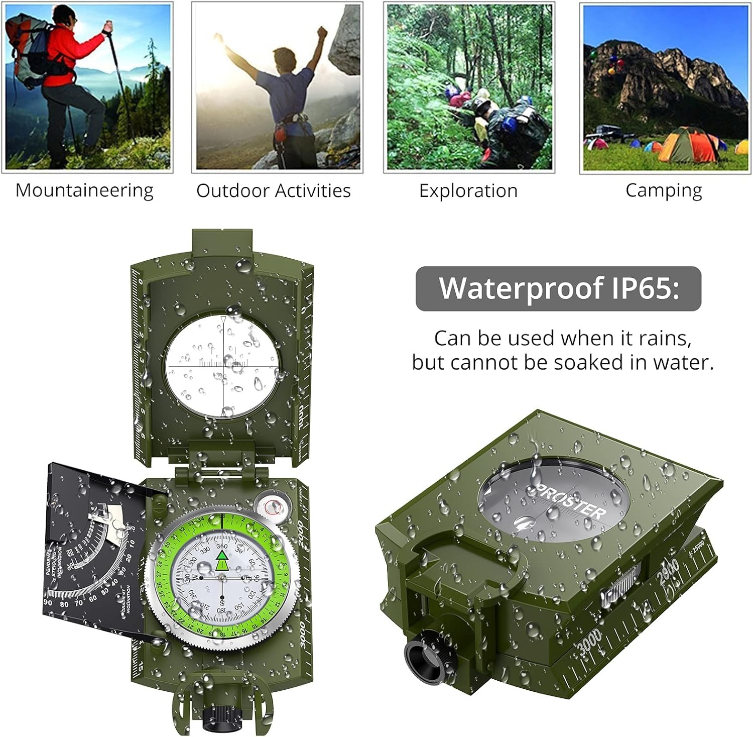 IP65 Compass Hiking Survival Lensatic Sighting Compass Camping Navigation