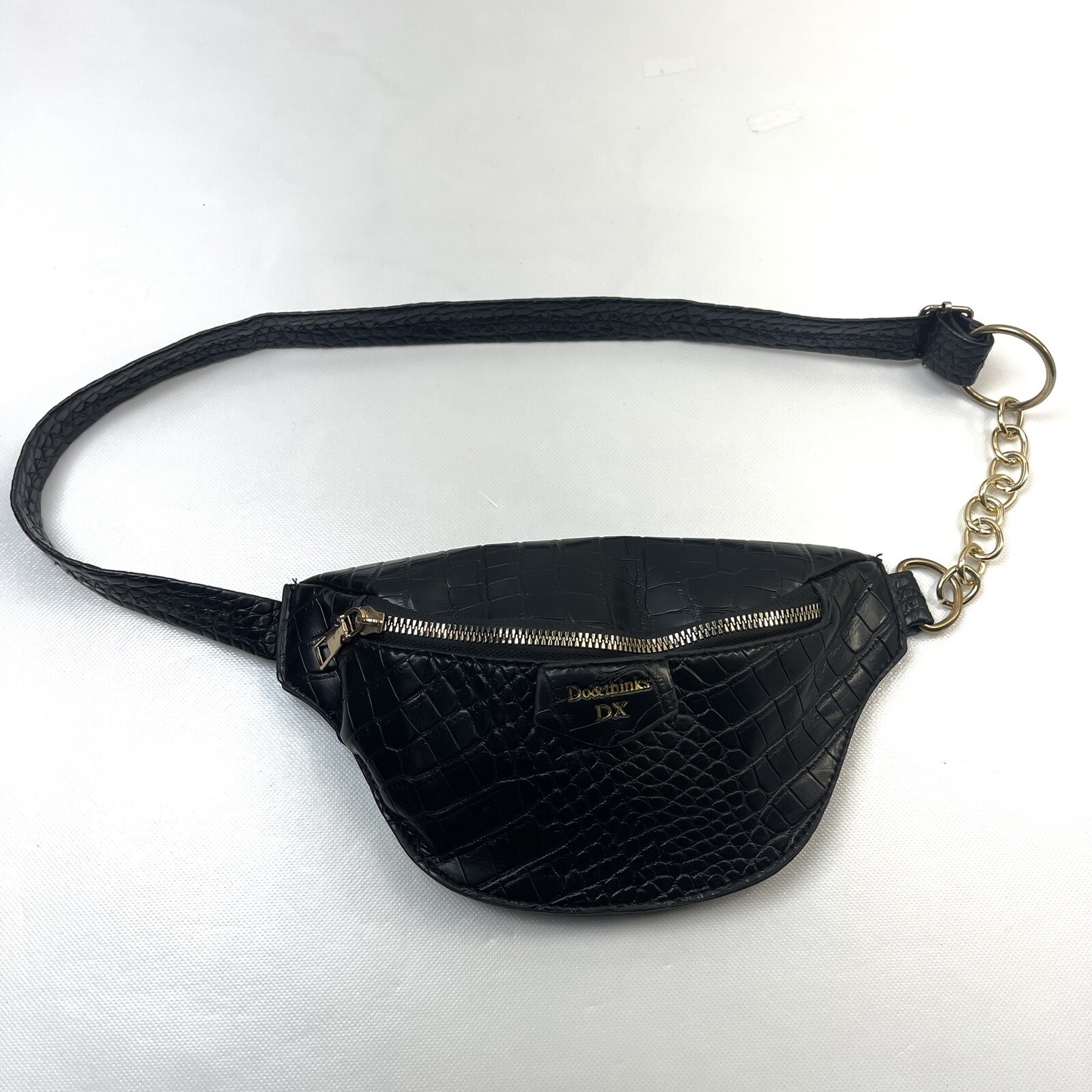 Fashion Do & Thinks DX Fanny Pack Golden Chain Black Reptile Faux Leather Casual