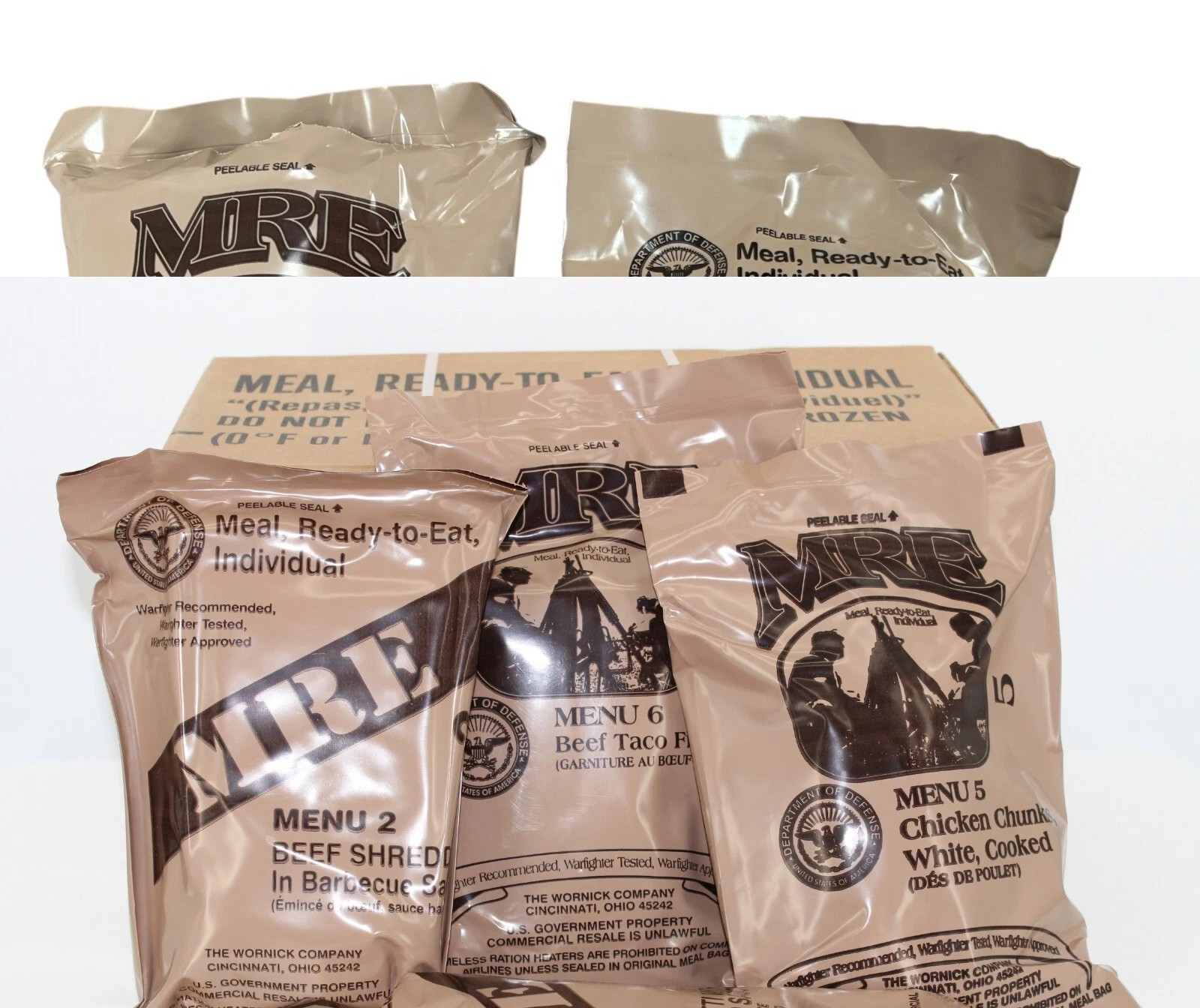 Government Issue U.S. Military MRE Case Ready to Eat Emer -Options 1,2,4-8 pack