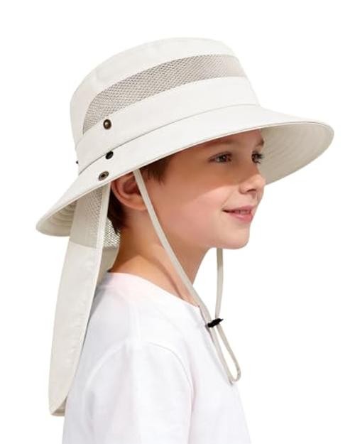 Kids Sun Hat with Detachable Neck Flap,UPF 50+ Windproof 5-13 Years Beige