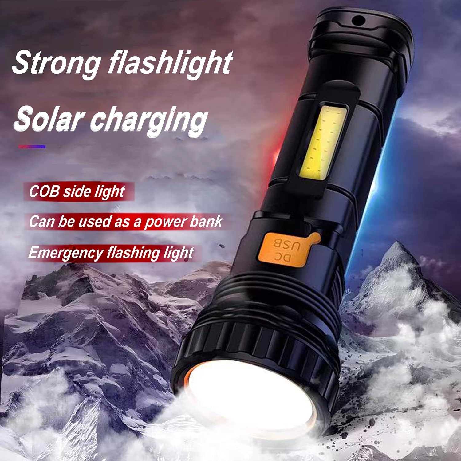 Linterna LED multifunción solar/recargable de 1000 lúmenes, batería de 1200 mAh.