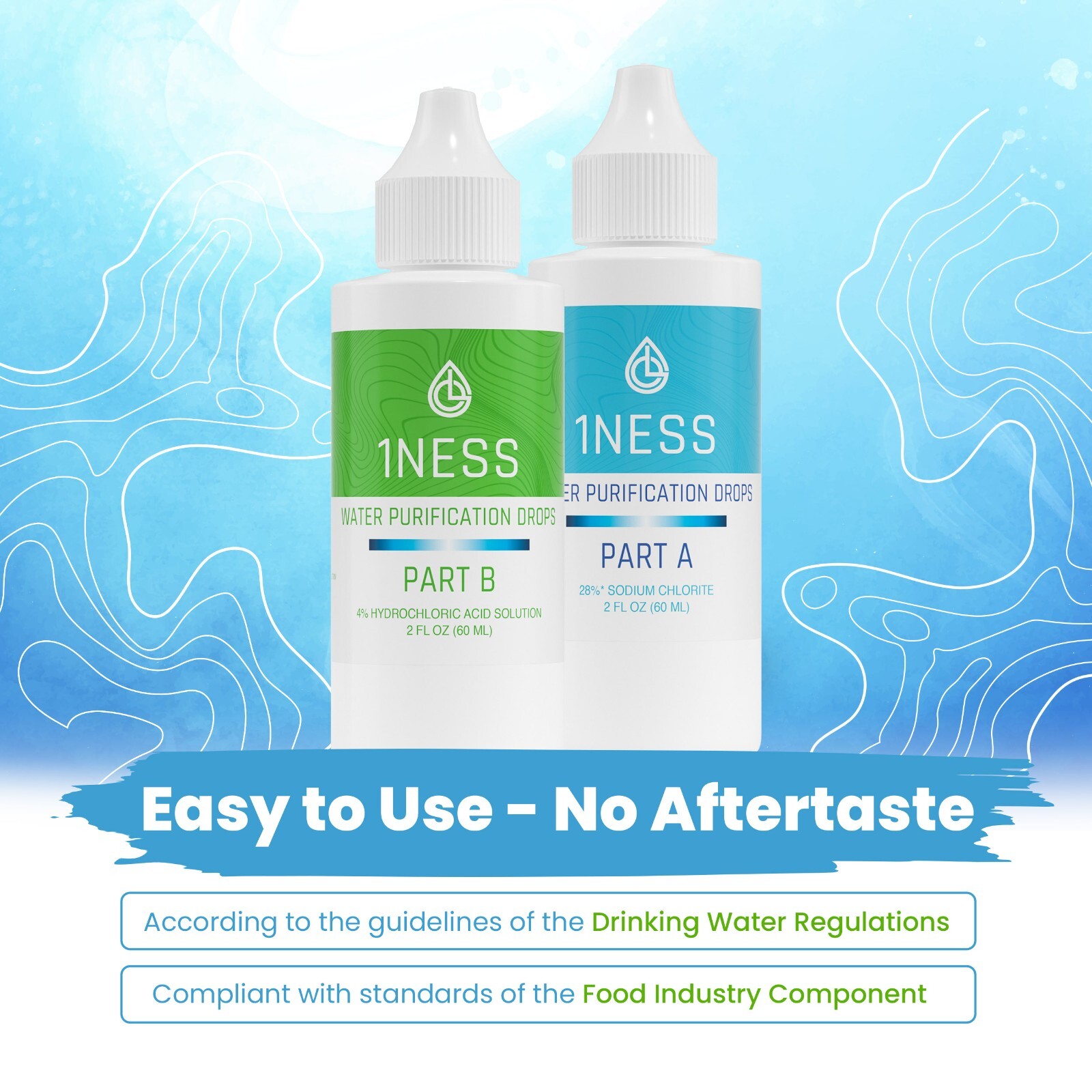 1ness Water Treatment Drops – BPA-Free Plastic Bottles – 2oz Kit (HCLKit)