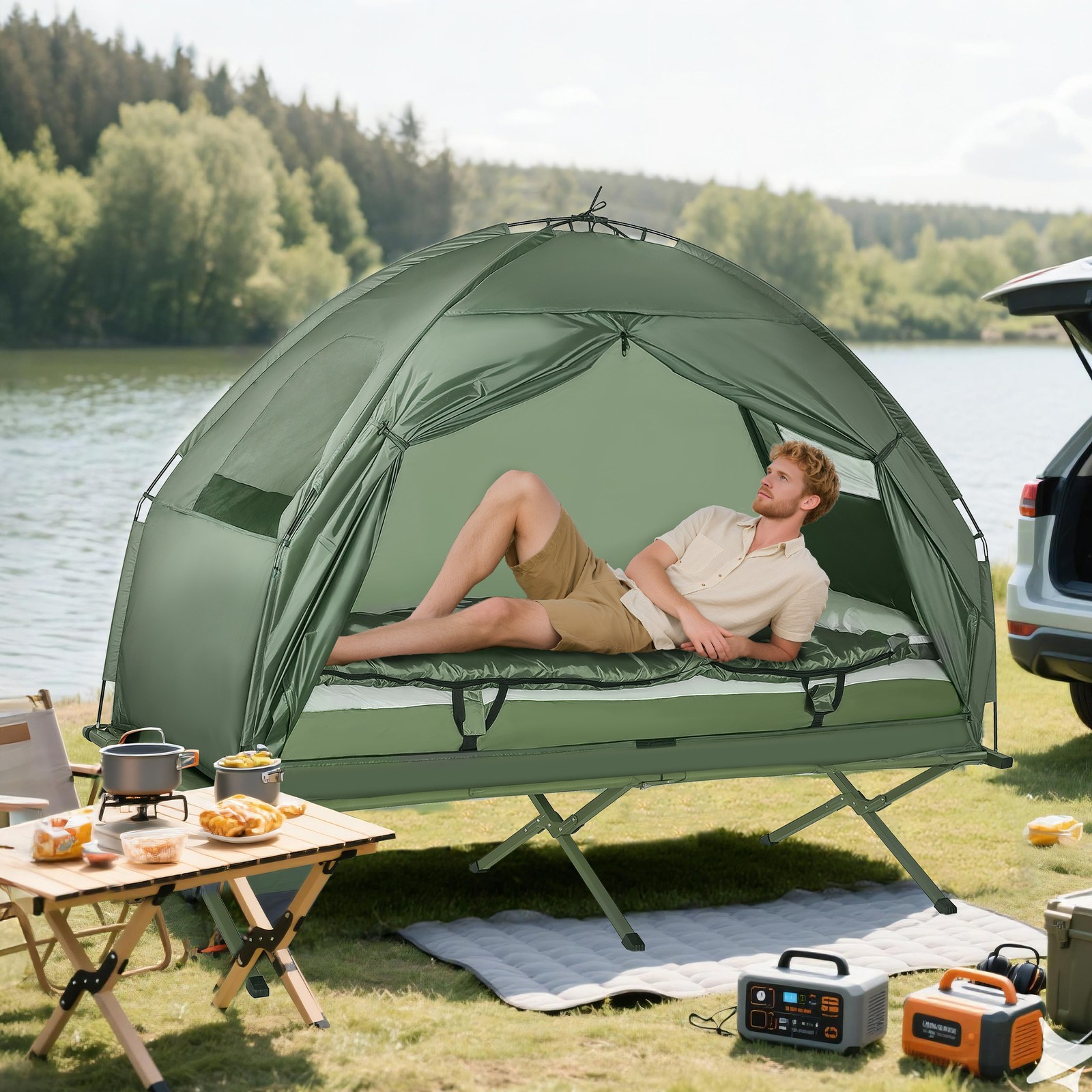 Outdoor 1-person Folding Tent Elevated Camping Cot w/Air Mattress Sleeping Bag