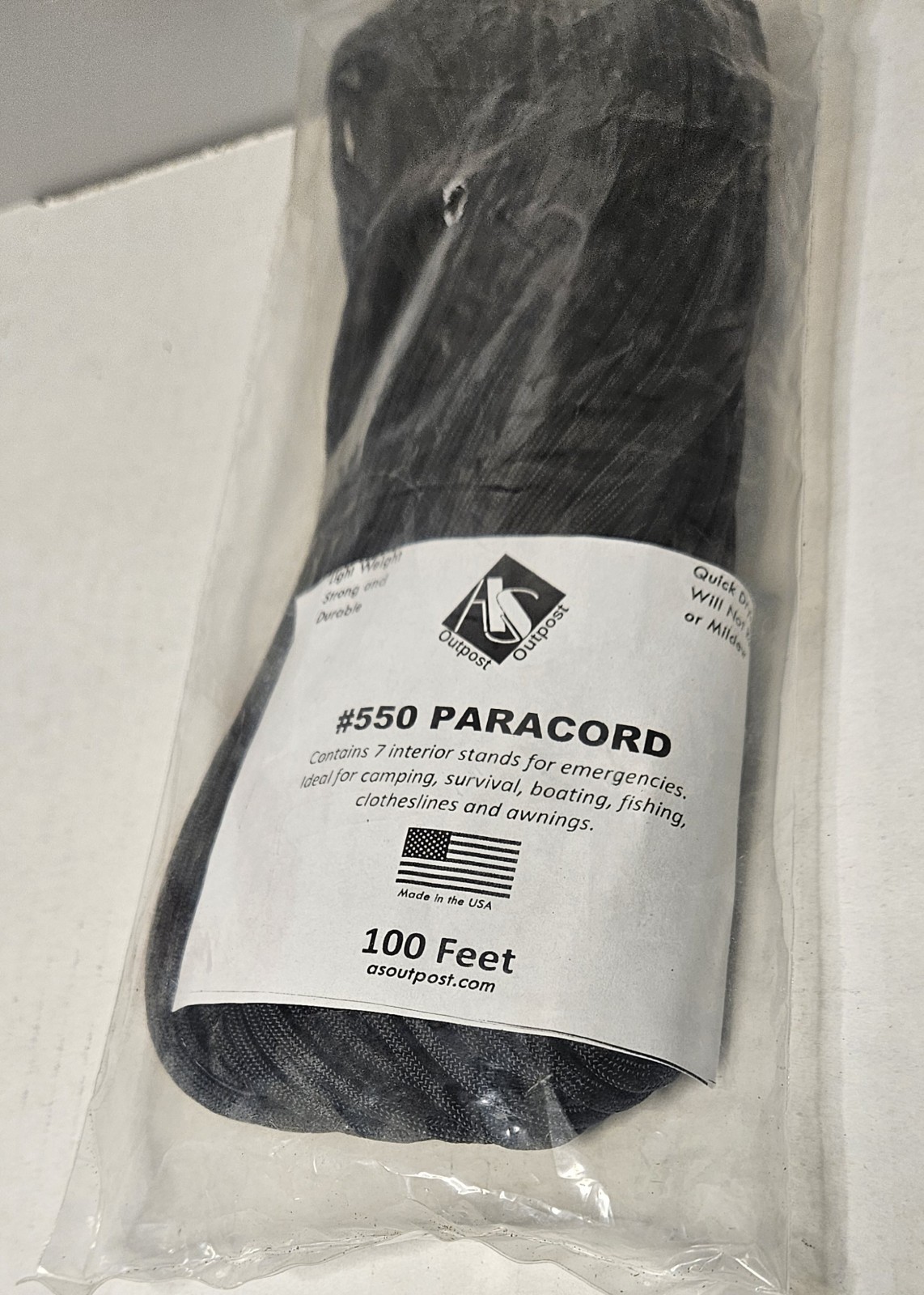 550lb Paracord – Black – 100 FT – Made in USA, 7 Strand Core, Camping, Survival