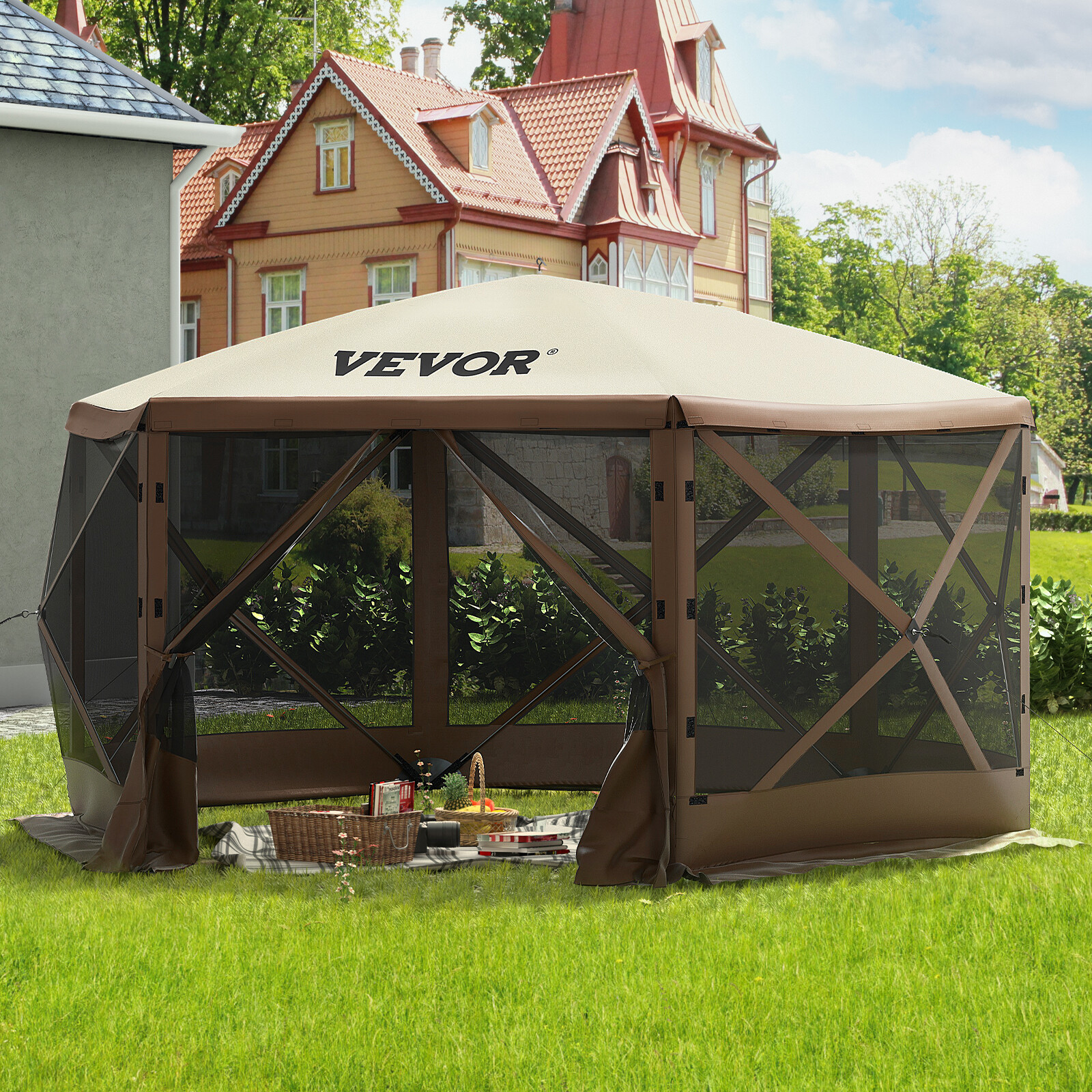 VEVOR Pop-up Camping Gazebo Camping Canopy Shelter 6 Sided 10′ x 10′ Sun Shade