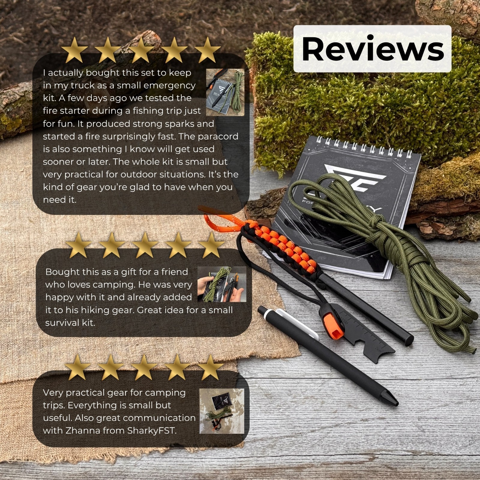 Camping Survival Kit with Ferro Rod Notebook Pen Paracord Bushcraft Gear Sharky