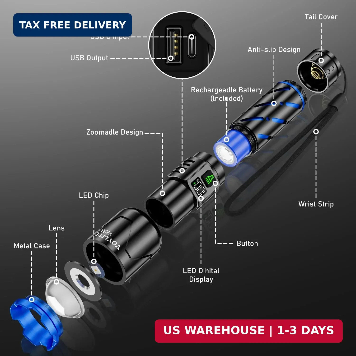 Rechargeable Flashlights High Lumens – 100000 LM, 5000mAh Battery with LCD Displ
