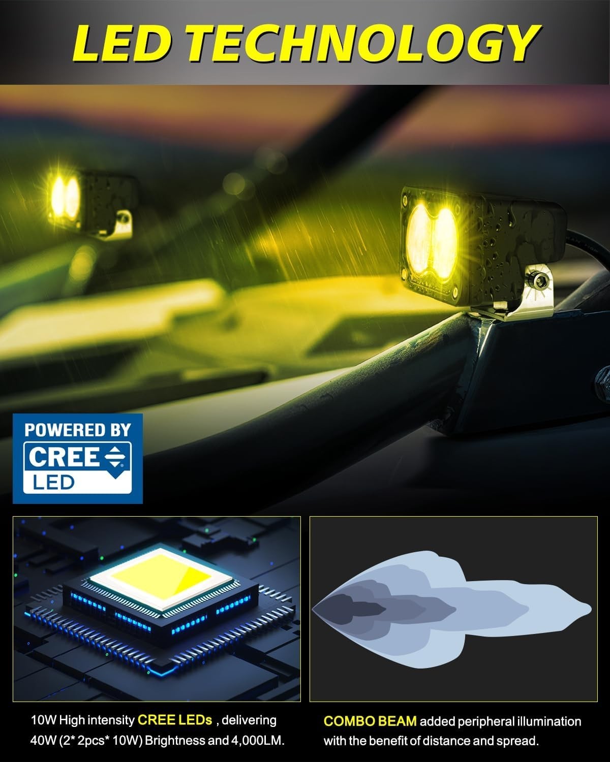Yellow LED Pods with Wiring Harness & Black Covers 3″ 40W CREE LED Ditch Lights