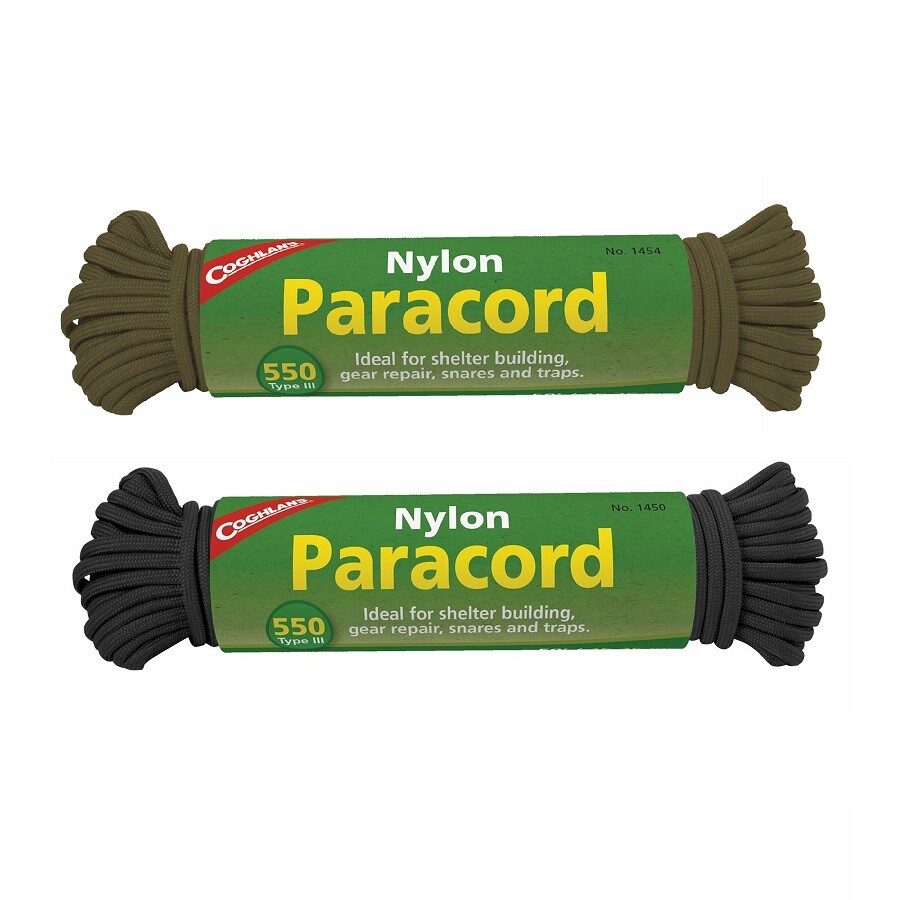 COGHLANS 550 PARACORD 7 STRAND 2-PLY 50ft / 15.25m OLIVE OR BLACK 100% NYLON