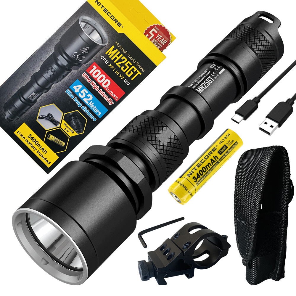 Combo: Nitecore MH25 V2 Rechargeable Flashlight 1300 Lumens 475m w/ Offset Mount