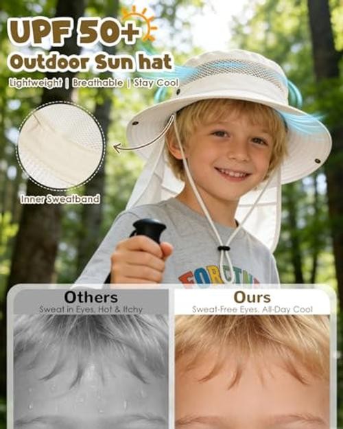 Kids Sun Hat with Detachable Neck Flap,UPF 50+ Windproof 5-13 Years Beige