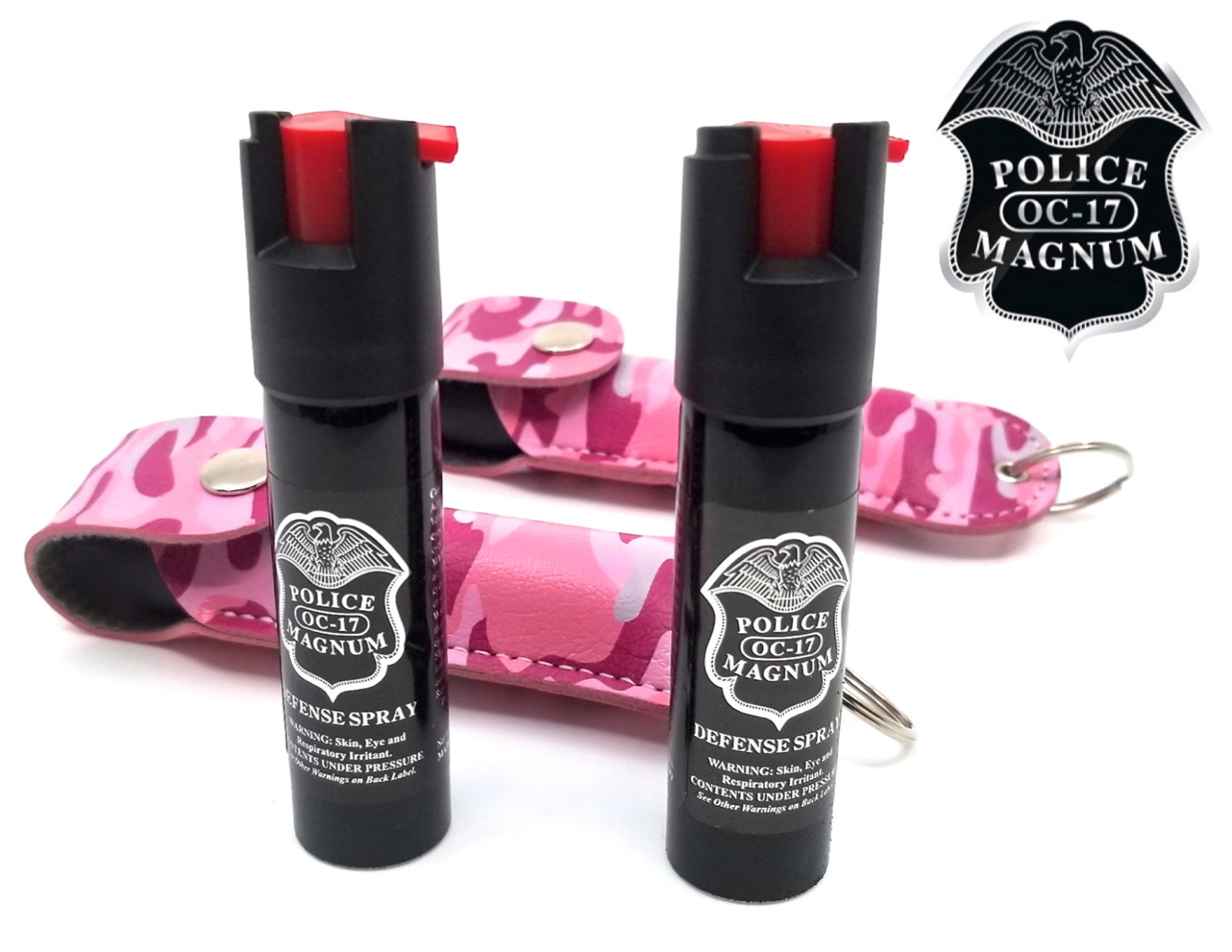 2 Police Magnum pepper spray .75oz pink camo keychain holster defense protection