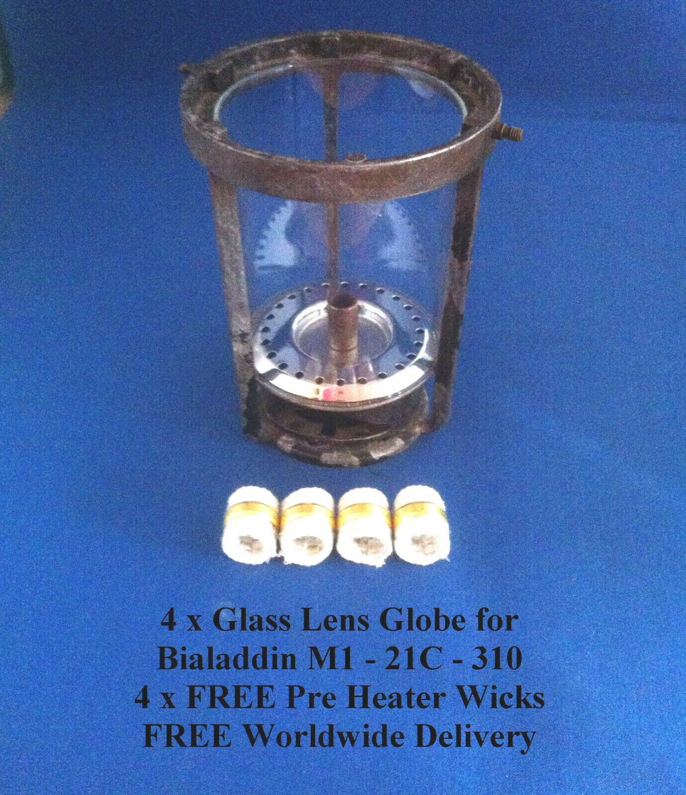4 x Glass Lens Globe for Bialaddin E41 M1 21C 305 4 x FREE Pre Heater Wicks