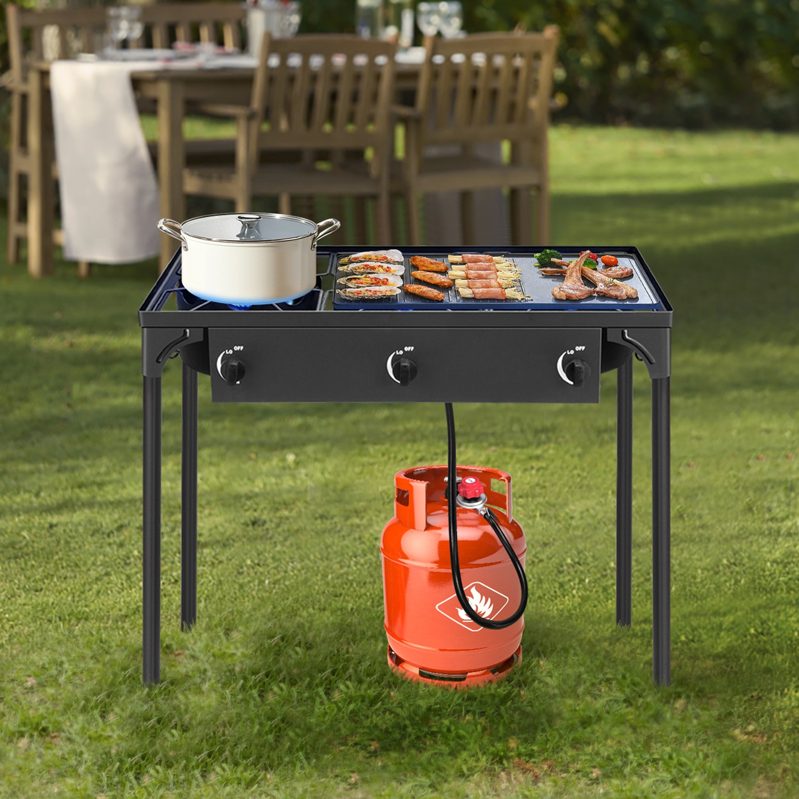225000 BTU Powerful Three Outdoor Camping Gas Propane Stove with Removable Legs
