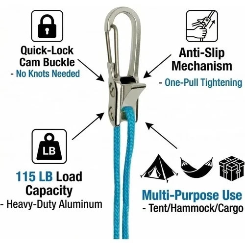 6 Lock Rope Buckle Down Hooks Tie Tightening Tensioner Rope Roller with Cargo